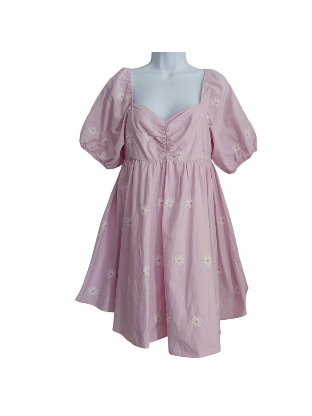 Baevly Dress L Pink Embroidered Daisy Babydoll Puff Sleeve Coquette Cottagecore